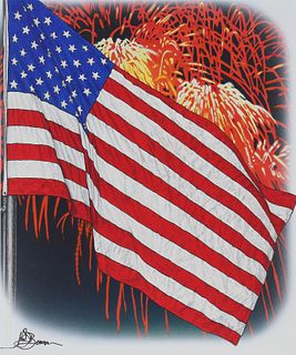 John Benson (B. 1949) "US Flag & Fireworks" W/C