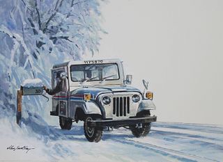 John Swatsley (B 1937) "1980's US Postal Jeep" Oil