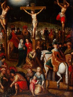 Antwerp School of the 17th century. Following models of LOUIS DE CAULLERY (Caullery, circa 1580- Antwerp, 1621).
"The Crucifixion".
Oil on panel. Crad