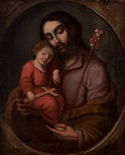 Novohispana School; second half of the 18th century.
"Saint Joseph with the Child".
Oil on canvas.
Presents vintage frame.
