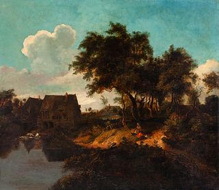 Dutch school of the 18th century. Follower of MEINDERT HOBBEMA (Amsterdam, 1638-1709).
"Landscape with figures".
Oil on canvas. Relined.