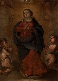 Flemish school; XVII century.
"Ascension of the Virgin".
Oil on copper.
It presents chips and overpainted areas. It has an adapted 19th century frame.