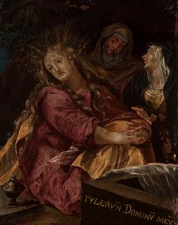 Flemish school; XVII century."The three Marys lamenting over the empty tomb."Oil on copper.Presents loss and adapted frame from the 18th century.I