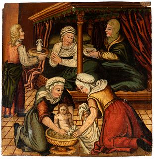Castilian school of the 16th century.
"The birth of the Virgin".
Oil on canvas.