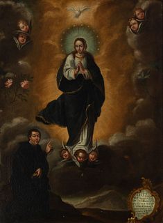 Andalusian school, around 1760.
"Immaculate Conception with donor Mr. Francisco Lasso de Castilla, Bishop of Malaga."
Oil on canvas.
With frame from 1