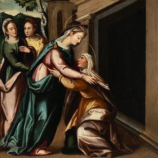 Spanish school, second half 16th century.
"The visitation of Mary to Elizabeth".
Oil on panel.