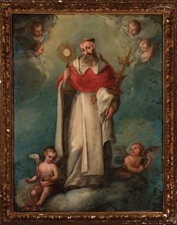 JOSÉ DE ALFARO; Mexico, second half of the 18th century.
"San Ramón unborn".
Oil on copper.
Presents jump paint and repaints.
Signed in the lower left
