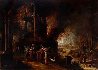 Workshop of FRANÇOIS DE NOMÉ (Metz, c. 1593-Naples, c. 1644). "Lot and his family leaving Sodom." Oil on canvas. Relined.