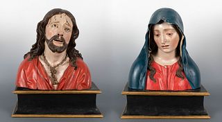Attributed to JOSÉ DE MORA. Granada, ca. 1700.
"Ecce Homo and Dolorosa".
Carved and polychrome wood.
Later bases following ancient models.
Attached st