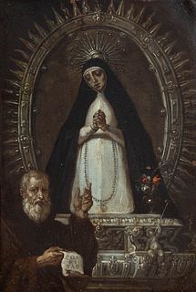 Circle of ALONSO DEL ARCO, XVII century (Madrid, 1635 - 1704).
"Virgin of Solitude with Antonio Abad", 1612.
Oil on copper.
Dated on the back.
