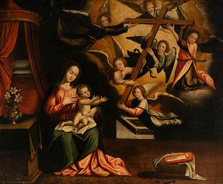 Spanish school, probably Sevillian, 17th century.
"Virgin with Child and Breaking of Glory".
Oil on canvas.