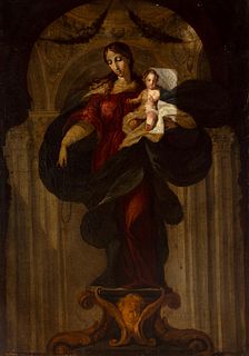 Madrid school from the third quarter of the seventeenth century.
"Virgin of the Rosary".
Oil on canvas on its original canvas.