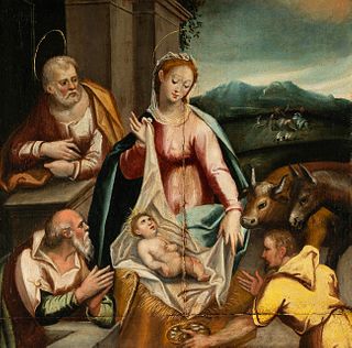 Spanish school, last third of the 16th century.
"Adoration of the shepherds".
Oil on panel.
Cradled.