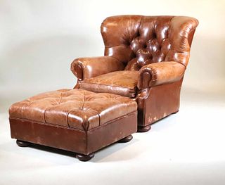Beacon Hill Brown Leather Club Chair and Ottoman