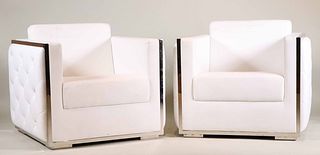 Pair of Modern White-Leather & Chrome Club Chairs