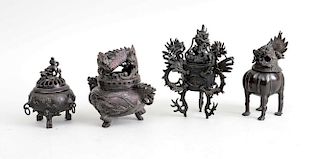 THREE CHINESE ARCHAIC STYLE BRONZE TRIPOD CENSERS AND COVERS AND A KYLIN