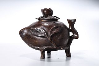 Chinese Bronze Peach-Form Covered Censer