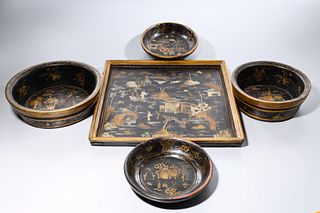 Group of Five Chinese Painted Lacquer Items