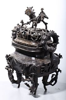 Chinese Bronze Bamboo-Form Covered Censer