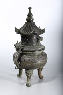 Chinese Archaistic Bronze Tripod Covered Censer