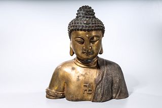 Chinese Parcel-Gilt Bronze Bust of Buddha