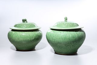 Two Chinese Crackle Glaze Celadon Porcelain Covered Jars