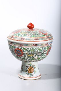 Chinese Famille Verte Porcelain Covered Stem Bowl