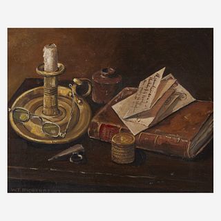 American School (19th Century) Still Life with Candlelight, Spectacles and Letter
