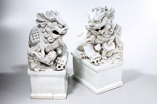 Pair Chinese White Glazed Porcelain Fo Lions