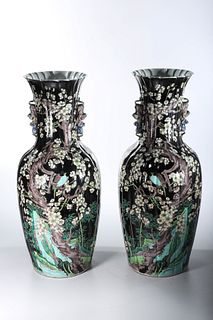 Pair Tall Chinese Enameled Porcelain Vases