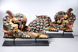 Pair Chinese Gilt and Painted Wood Dragons