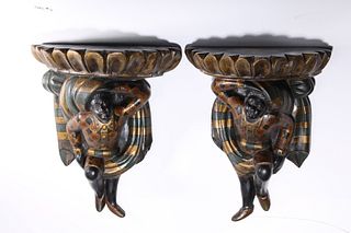 Two Painted Wod Figural Bracket Shelves