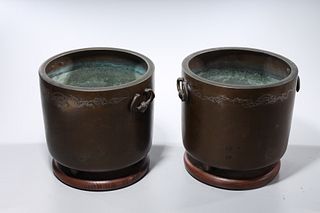 Pair Antique Japanese Bronze Hibachi
