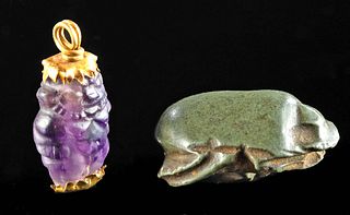 Egyptian Gold & Amethyst Bes & Stone Scarab, Ex Arte