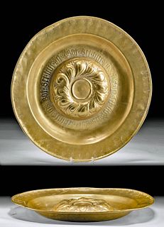 Inscribed 15th C. European Brass Alms Plate