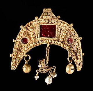 Byzantine 18K Gold Pendant, Glass Inlays, Pearls, Bird
