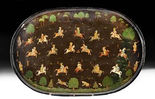 19th C. Persian Lacquered Wood Tray w/ Polo Match