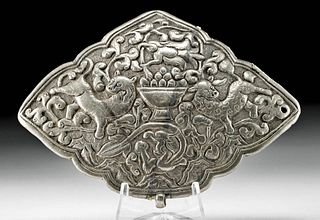 19th C. Nepalese Silver Repousse Pin w/ Animals