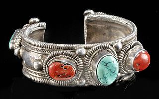 Vintage Tibetan Silver, Coral, and Turquoise Bracelet
