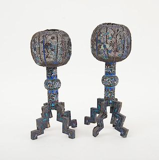 PAIR OF CHINESE METAL, WIRE AND ENAMEL CANDLESTICKS