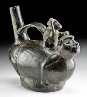 Chimu Blackware Stirrup Vessel - Monkey Riding Monkey