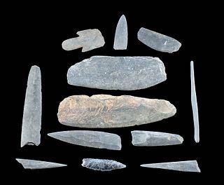 12 Native American Slate & Obsidian Tool Assortment