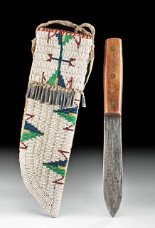 Early 20th C. Sioux Beaded Sheath & Steel Knife