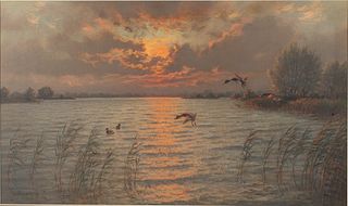 J.L.Van de Meide, Ducks at Sunset, Oil on Canvas