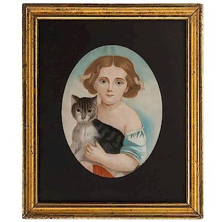 Folk Art Portrait of a Child Holding a Cat 