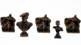 Three Metal Book Ends and Two Busts