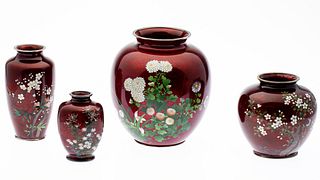 4 Japanese Pigeon Blood Enamel Vases