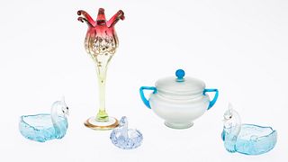 Steuben Glass Lidded Bowl & 3 Pieces Venetian Glass