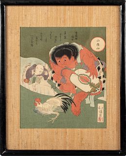 Totoya Hokkei, Rooster and a Tengu, Woodblock Print