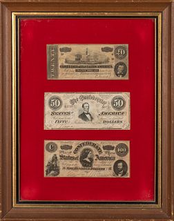 3 Framed Confederate Bills, Richmond Dated 1864